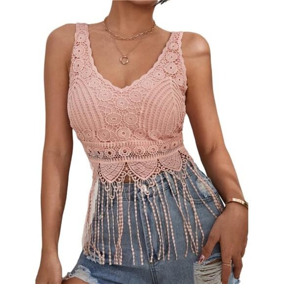 Pink Embroidered Lace Fringe Crop Top Tassel V-Neck Sleeveless Tank Top Cami - Picture 5 of 5